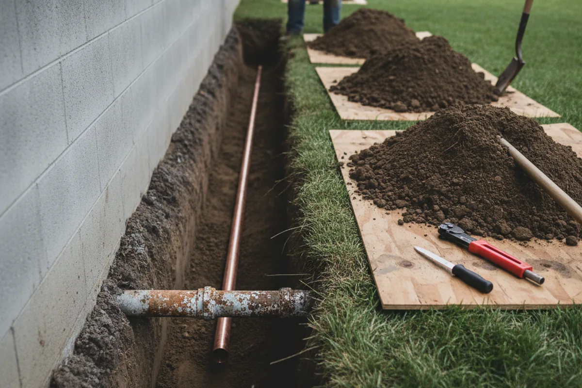 Excavated water line trench during Water Softener Installation in Mukilteo